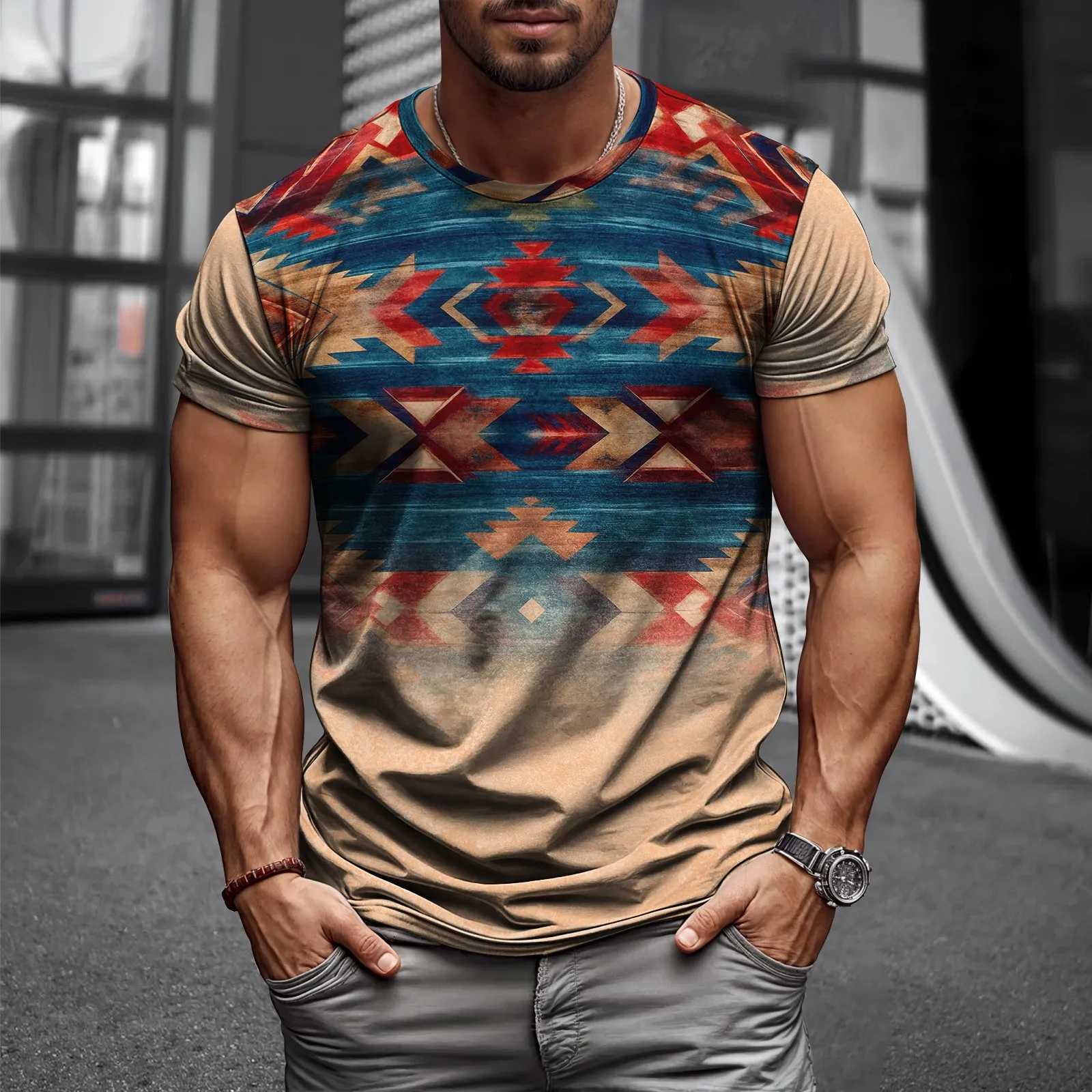 Mens retro T-shirt ethnic print short sleeved fashionable oil T-shirt bohemian style loose pattern suitable for daily wear W250403