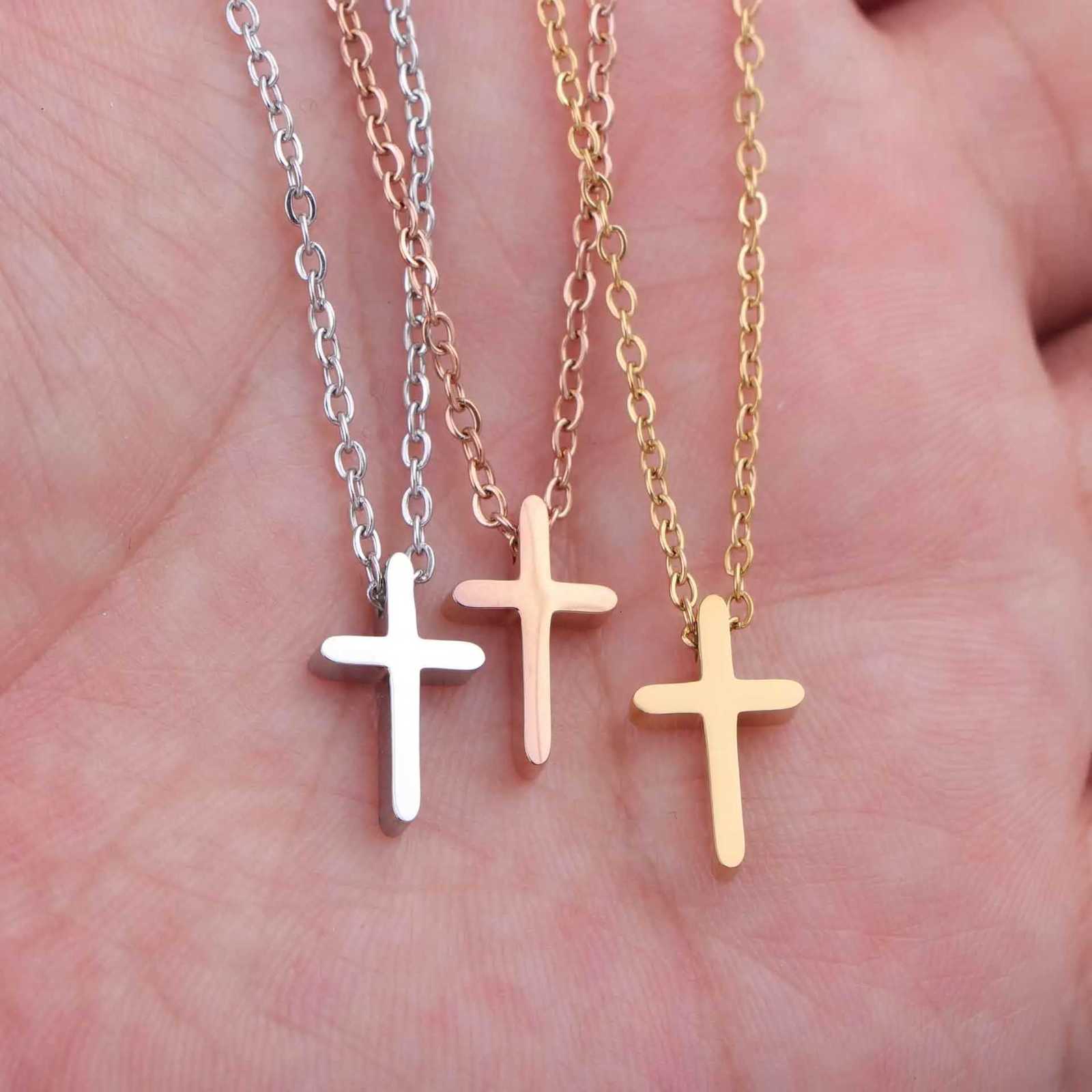 Mirror Polished Stainless Steel Cross Necklace Mini Small Cross Pendants Girls Gift Women Christian Necklaces Cross Bead CharmsXJ251104