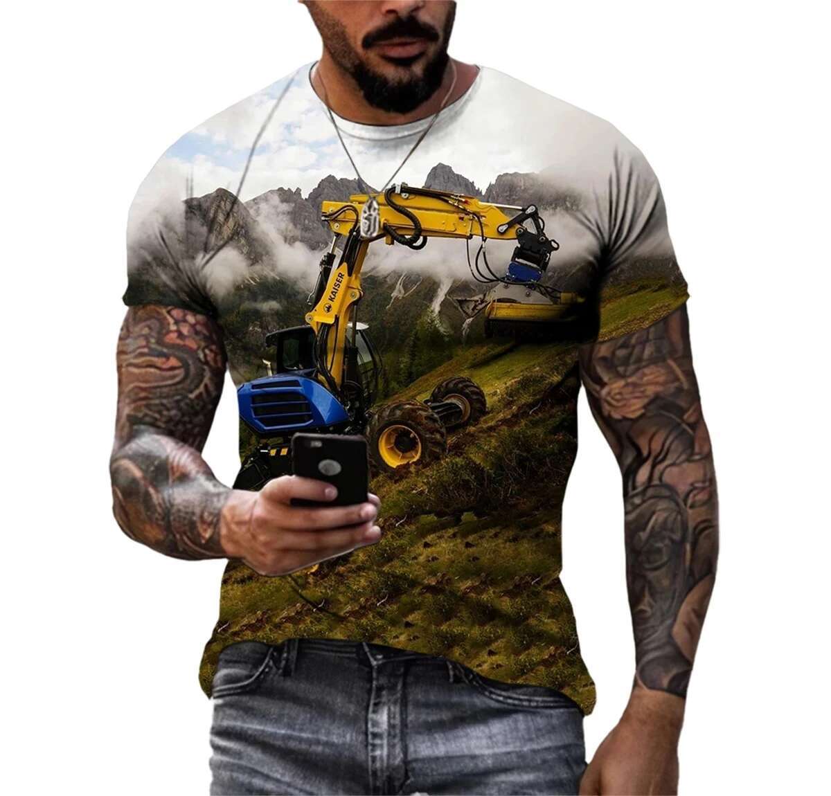Summer Men's Personalized T-shirt nical Engineering Vehicle Graphics Excavator 3D Printing Short Sleeve Casual Round Neck T
