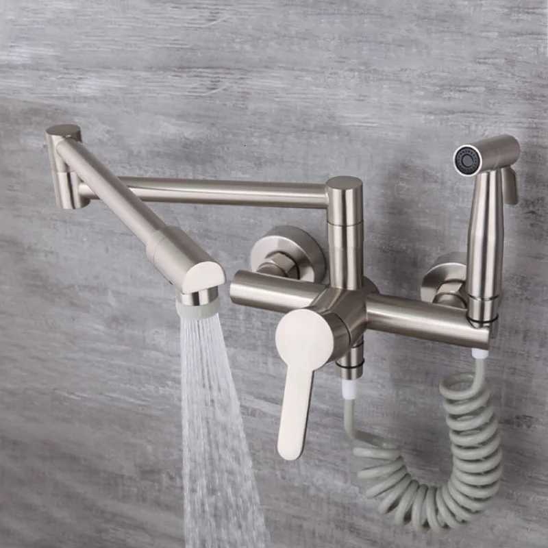 Kitchen Faucet With Spray Gun Double-Jointed Pot Filler Kitchen Sink Faucet Wall Mount Retractable Foldable Mixer Tap Swing Arm Y251104