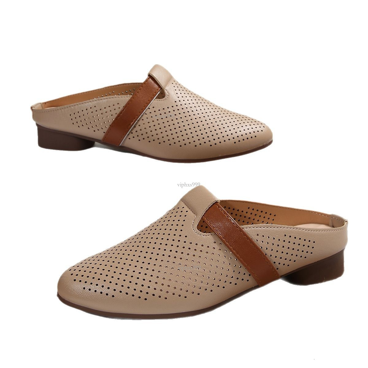 New Designer Sandals With Free Shipping French Breathable Hollow Half Women 2025 Summer Soft Leather Round Toe Cool Slippers For Lazy People Low Heele