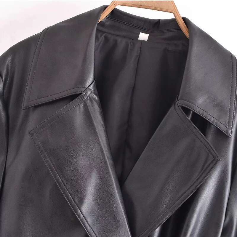 2024 New Outerwear Autumn Winter Women Leather Jacket Black With Belt Single Button Lapel Short Trench Coat Slim Stylish Tops