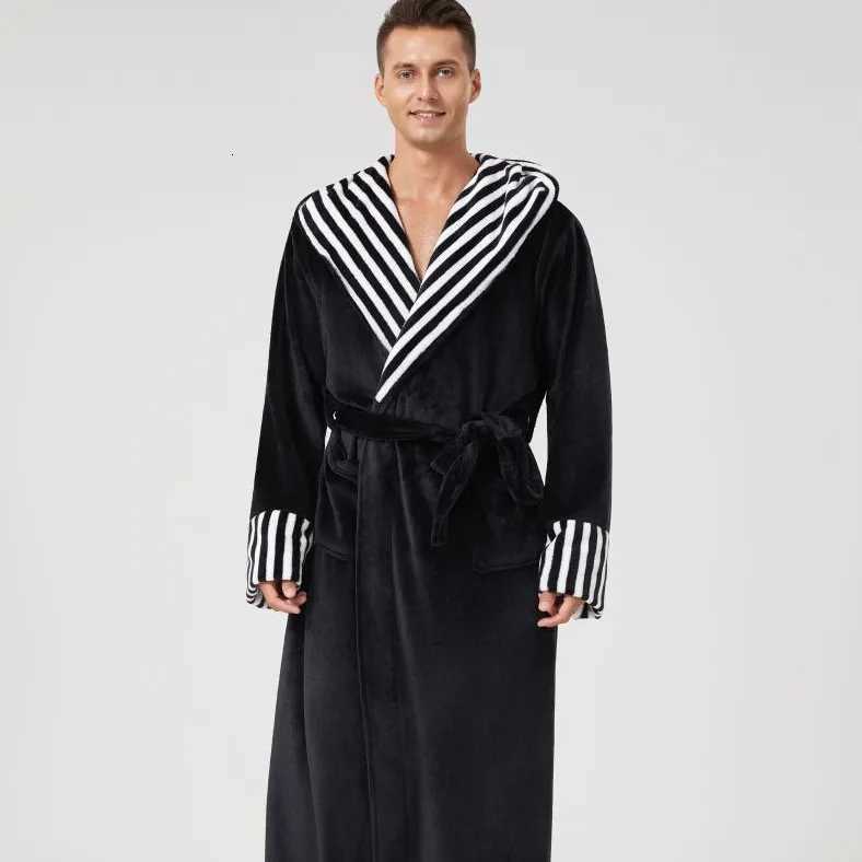 Autumn Winter New Couple Long Robe Flannel Stripe Sleepwear Home Clothes Loose Hooded Bathrobe Nightwear Coral Fleece Loungewear C251104