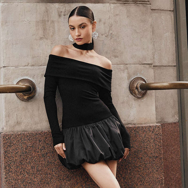 Sanhu Lianjiang G24DS146 European and American women's one necked off shoulder long sleeved patchwork wer bud skirt wholesale 2025 new casual ver