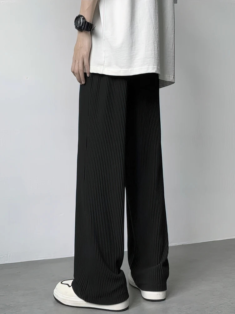 Summer straight silk casual pants mens high waisted pleated pants thin sports wide leg sports pants mens bag 250402