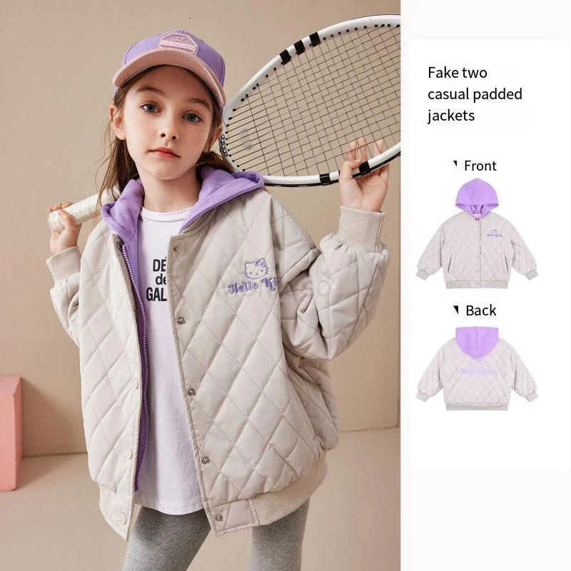 Sanrio Hot Hello Kitty Girl Cotton Clothes Winter Two Fake Pieces Cotton Coat Thicken Kawaii Hooded Coat Cartoon Fashion Jacket H251104