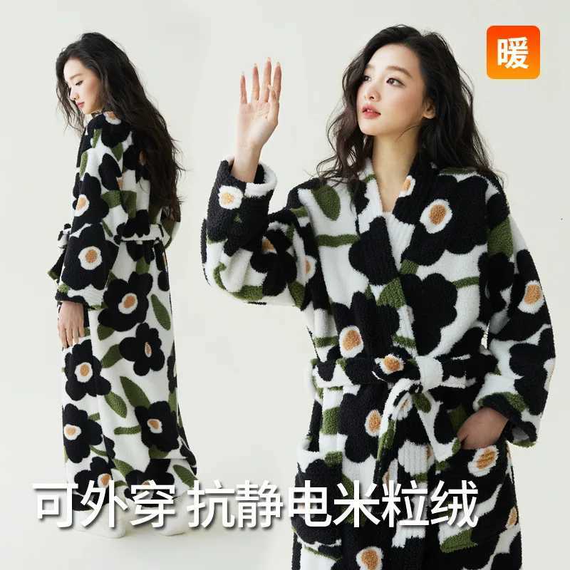 Womens Winter New Kimono Robe Ladies Coral Fleece Plush Warm Long Bathrobe Nightgown Sleepwear Female Thick Flannel Homewear C251104