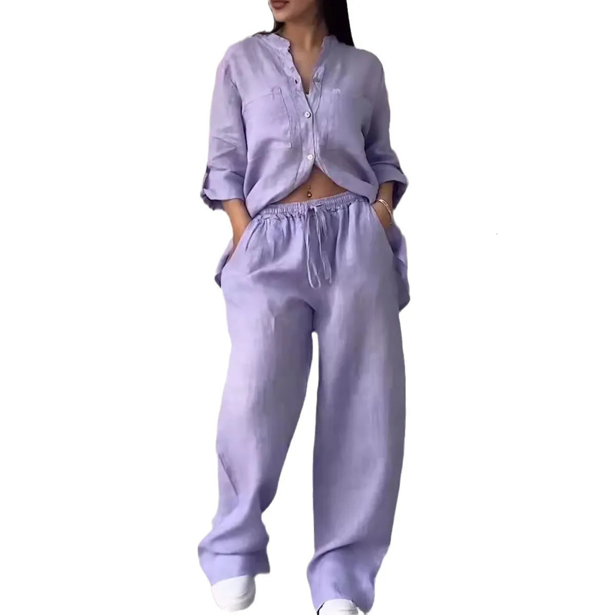 Pant Sets Women Two-piece Set Cotton And Linen Shirt Set High Waisted Loose Pants Elegant Summer Novelty 2024250403