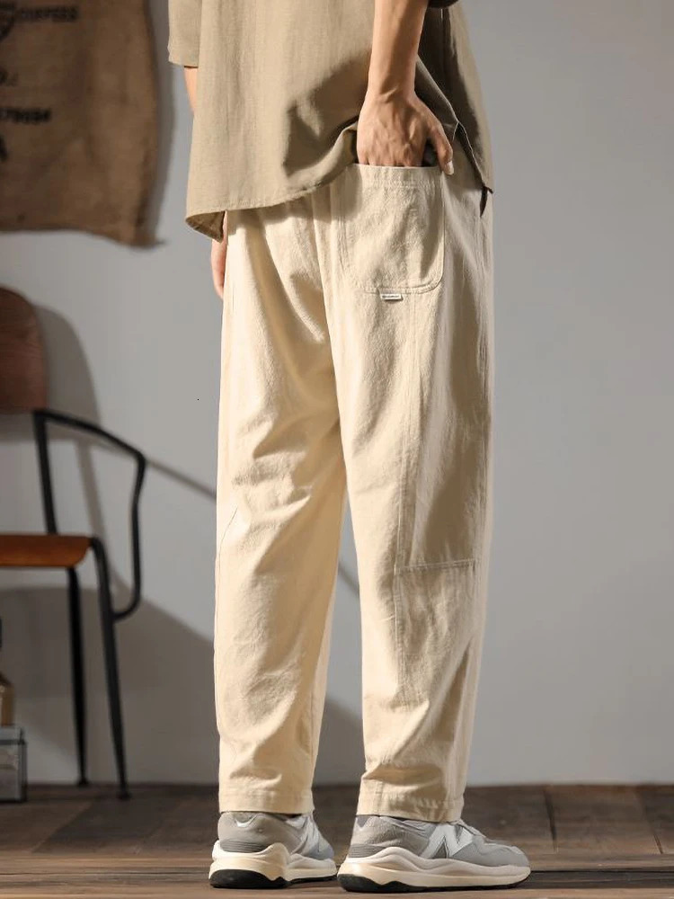 Japenese Cotton Linen Pants Men Summer Straight Casual Ice Silk Sweatpants Male Wide leg Oversize Linen Trousers 250402