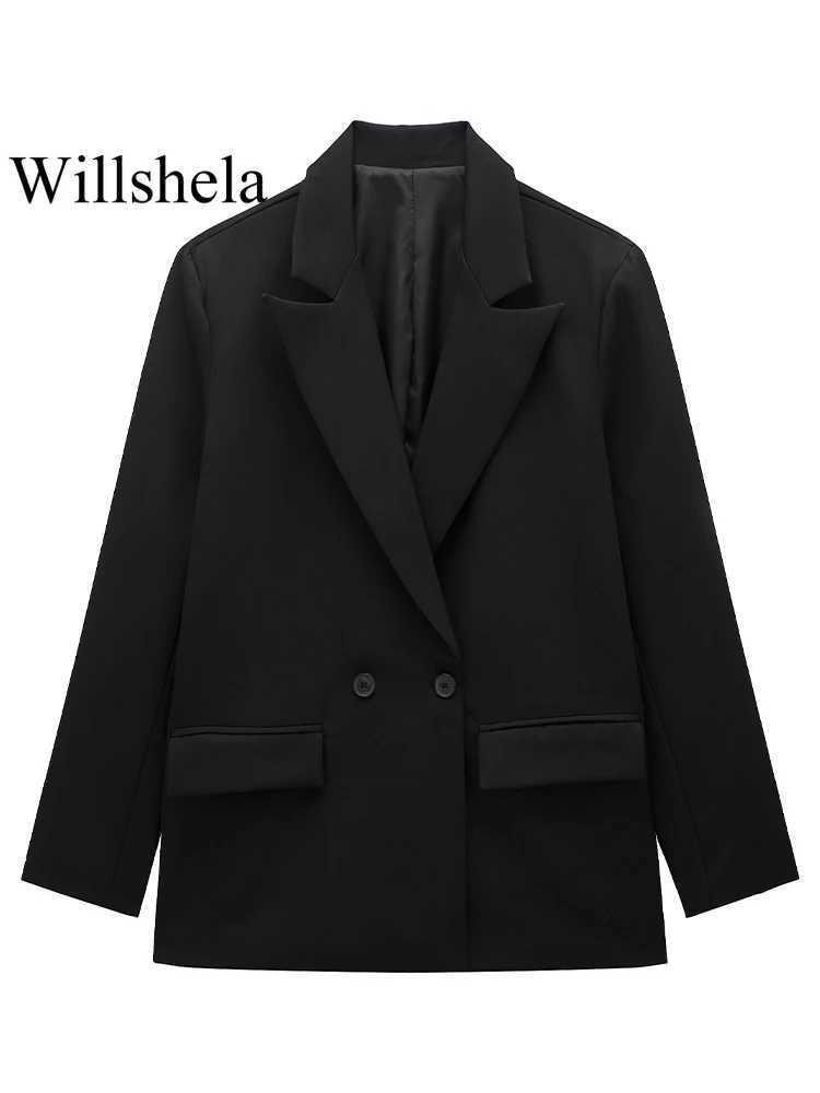 Willshela Women Fashion With Pockets Solid Double Breasted Blazer Vintage Long Sleeves Notched Neck Female Office Lady Outfits J2511031
