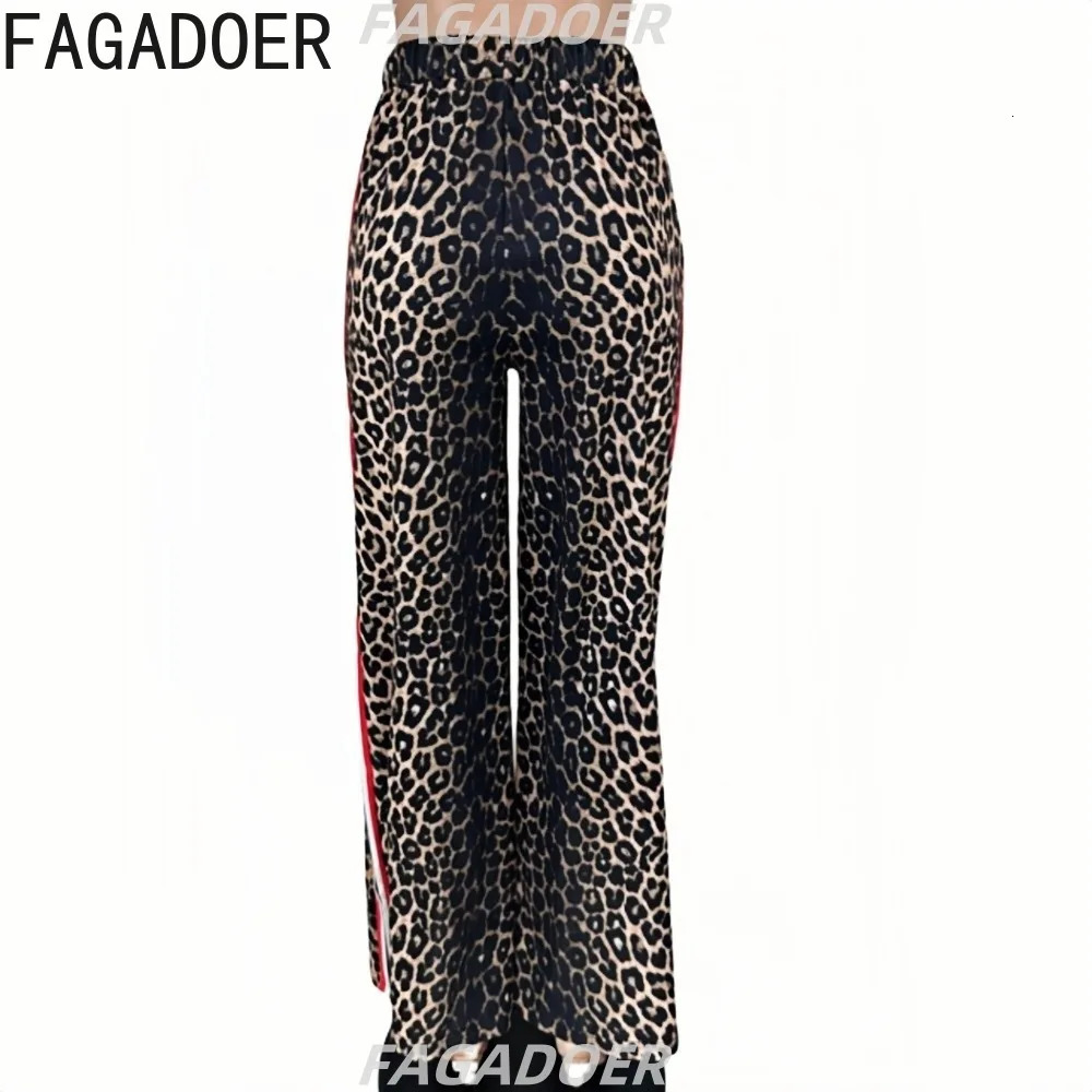 FAGADOER Casual Leopard Print Straight Pants Women Drawstring Stripe Patchwork Wide Leg Pant Trousers Female Streetwear Bottoms 250403
