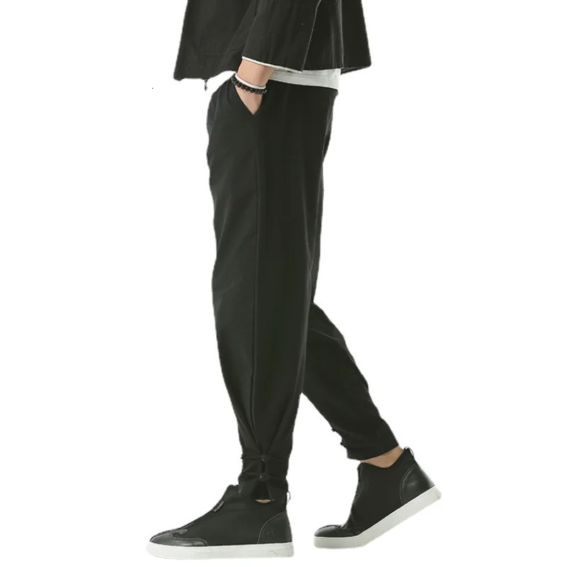 Fashionable Cotton Linen Pants Men Spring Summer Long Monk Binding Legs Zen Meditation Pants Streetwear Sweatpants 250402
