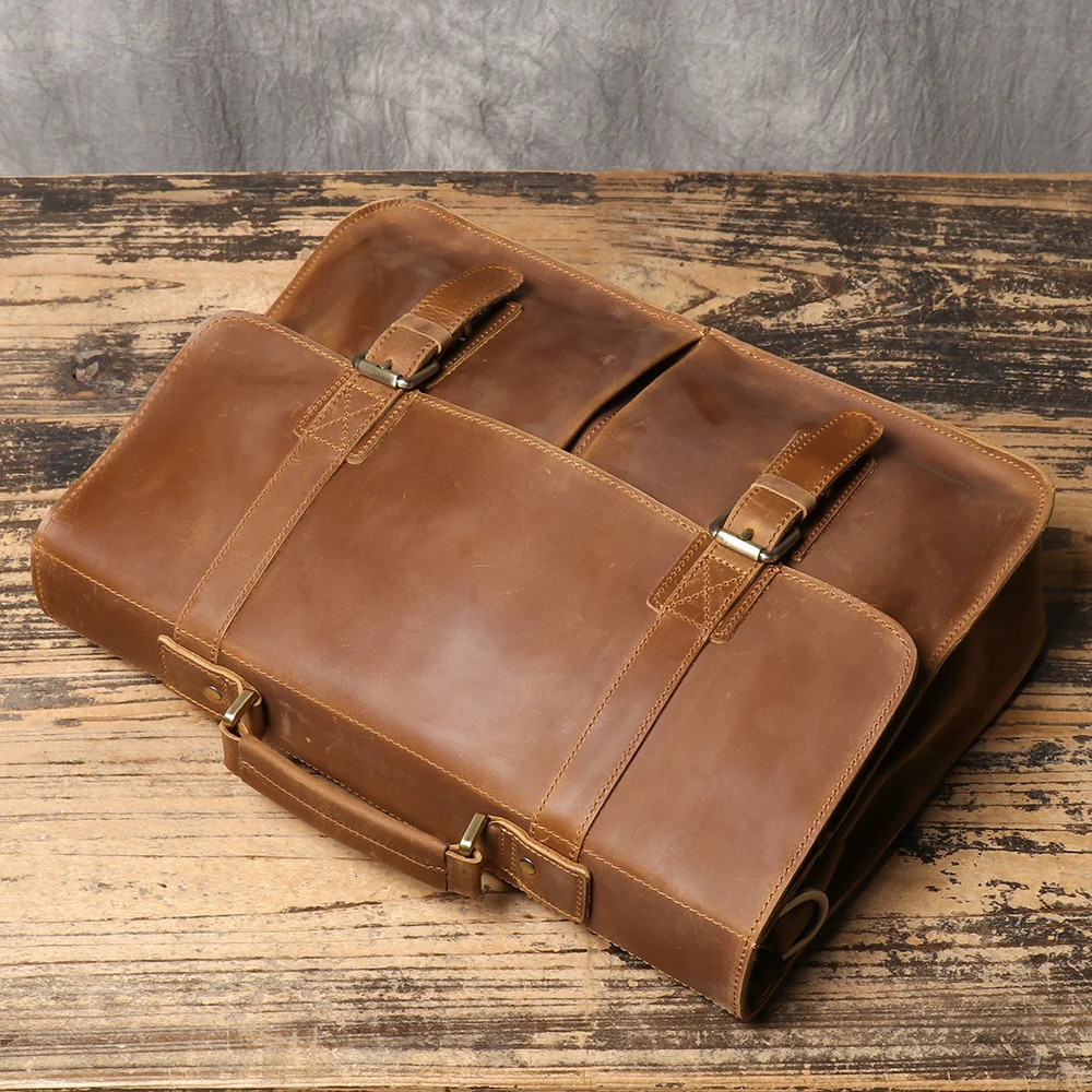 Retro Briefcase Crazy Horse Leather Men Cowhide Shoulder Crossbody Bag Large Capacity Genuine Leather Laptop Bag 250402