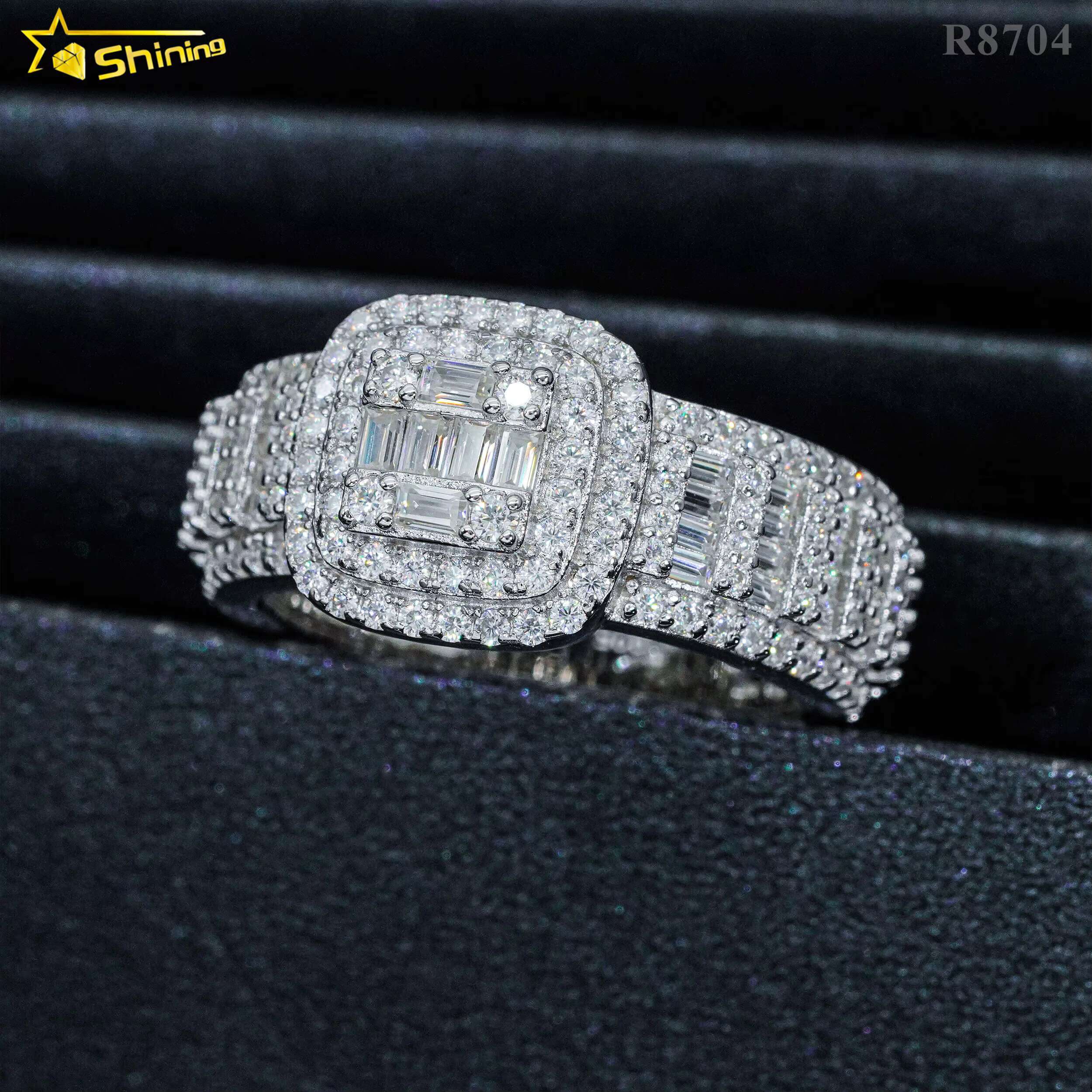 Hip Hop Jewelry Gold Plated 925 Silver Luxury Mens Ring baguette Moissanite Diamond Iced Out Rings