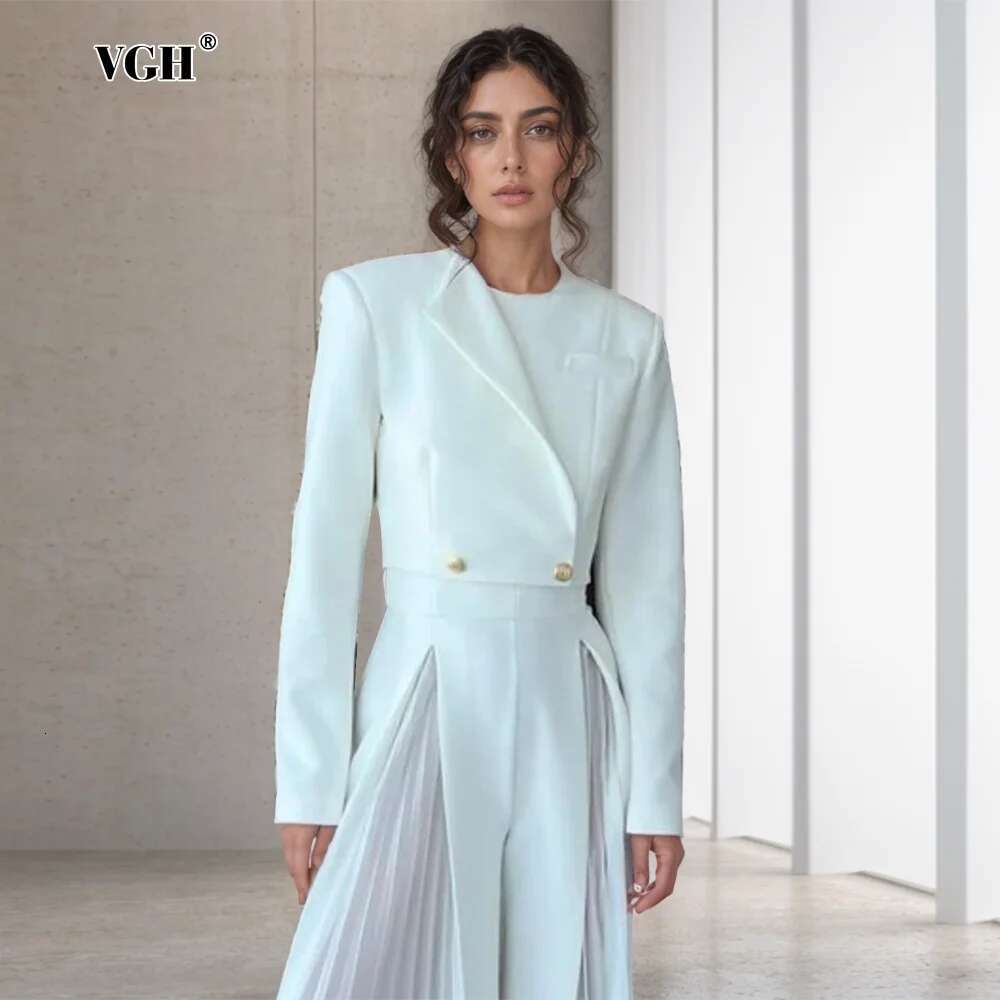 VGH Temperament White Blazers For Women Notched Collar Long Sleeve Spliced Buttonts Elegant Vintage Blazer Female Fashion Style
