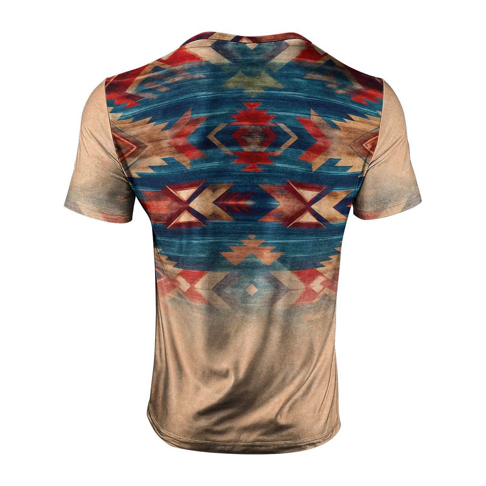 Mens retro T-shirt ethnic print short sleeved fashionable oil T-shirt bohemian style loose pattern suitable for daily wear W250403