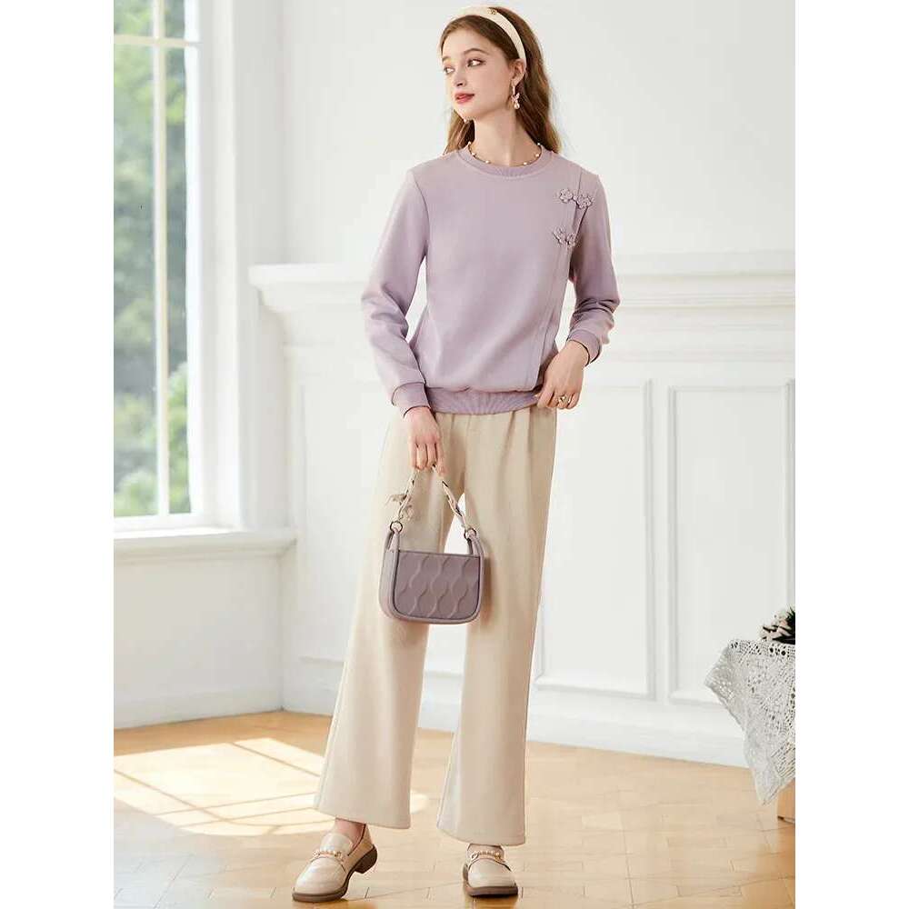 Purple O-Neck Pullover Hoodies For Women Autumn New Loose Long Sleeve Office Lady Solid Clothes