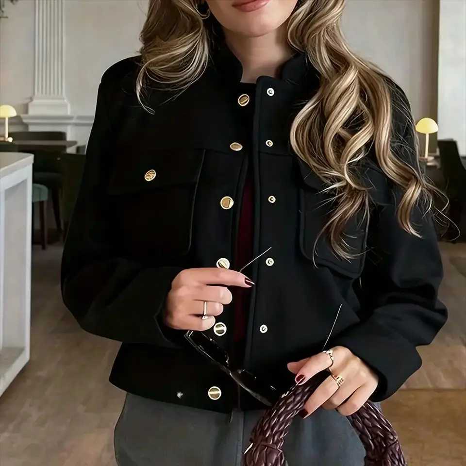 Fashion Button Bomber Jacket For Women 2025 Autumn Winter Stand Neck Coat Single Breasted Pocket Jackets Lady Casual Chic Coats J2511241