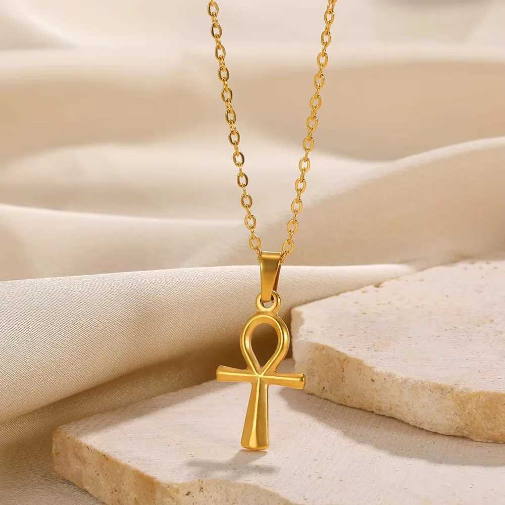 Stainless Steel Cross Pendant Necklace For Women Men Gold Color Ancient Egypt Ankh Cross Charm Choker Jewelry Hip Hop GiftXJ251104