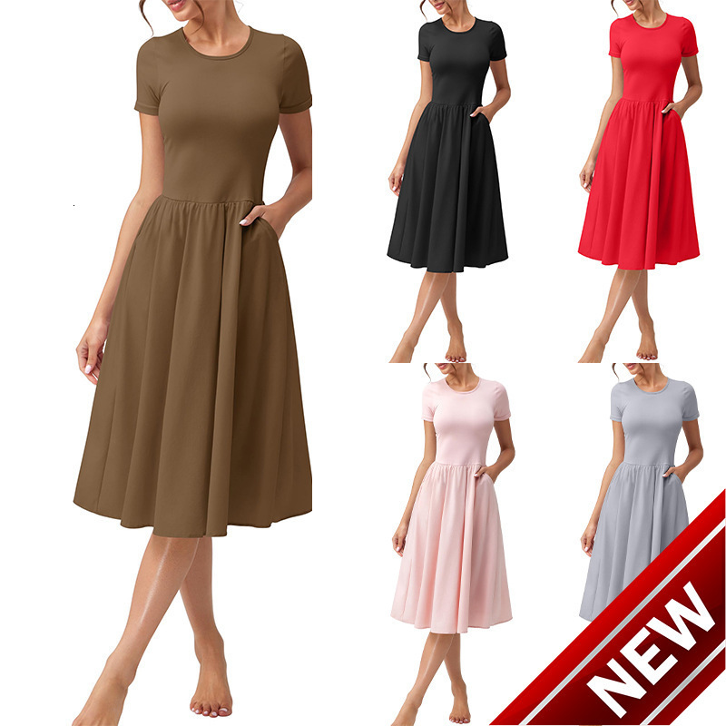 2025 New Summer Womens Fashion Casual Commuter Round Neck Short Sleeve Long Dress Launched