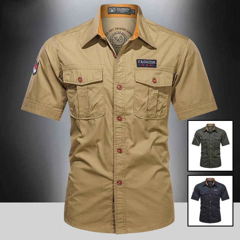 American pure cotton work shirt mens short sleeved multi pocket lapel top summer thin half jacket 250403