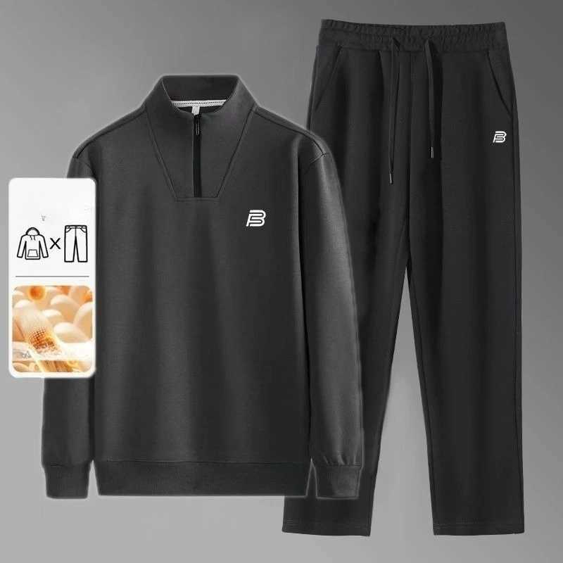 Mens 2pcs FleeceLined Hooded ZipUp Tracksuit Set Casual Sportswear for Gym Running Daily Lounging AllSeason Fit J251104