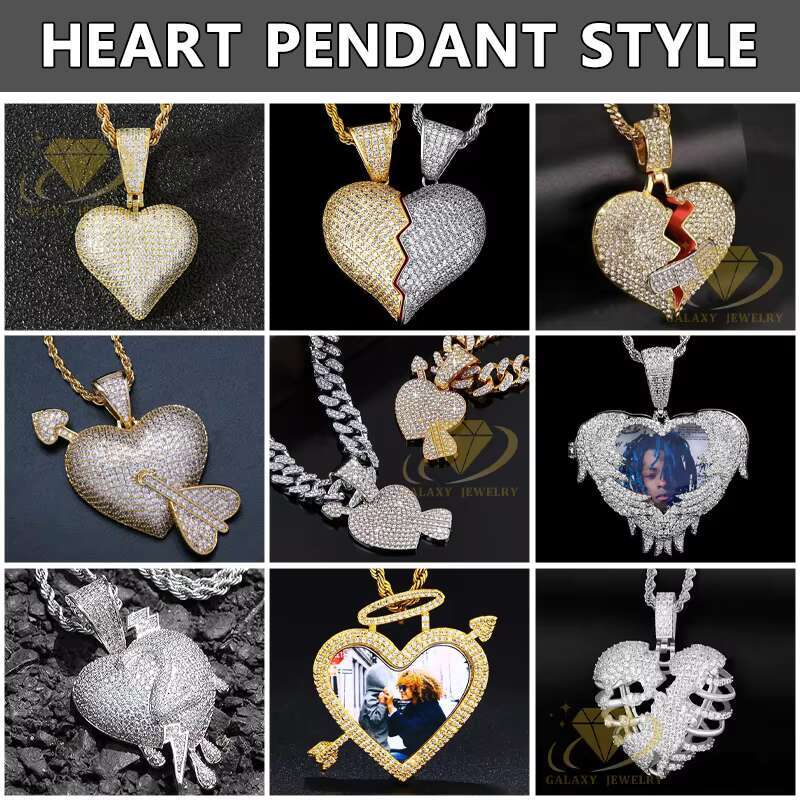 Hip Hop Anniversary Gifts Picture Pendant Tennis Chain Ice Moissanite 925 Silver Heart Shape Memorial Photo Pendant Necklace