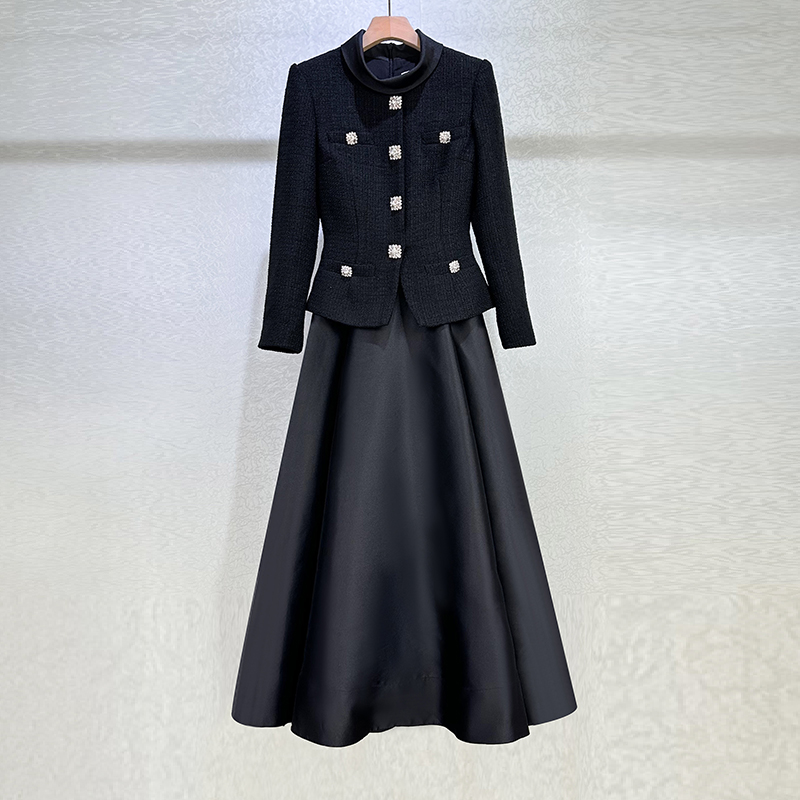 designer SP Dress 2026 party dress, black tweed patchwork satin fake two-piece dress