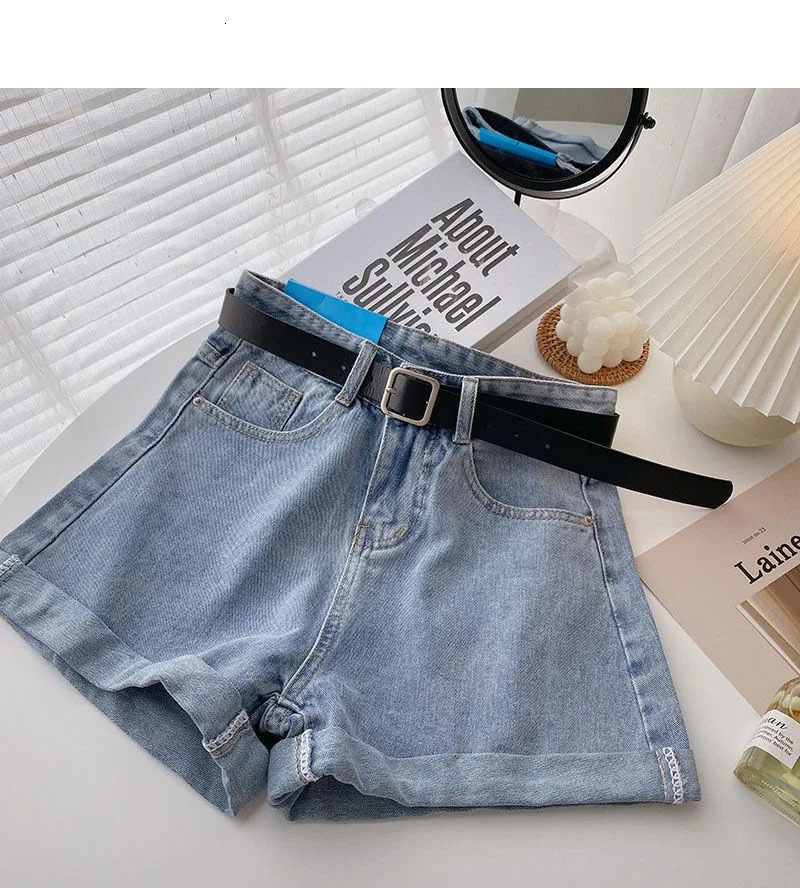 Korean denim shorts with belt womens casual fashion summer wide leg high waisted jeans Y2K pants streetwear 250401