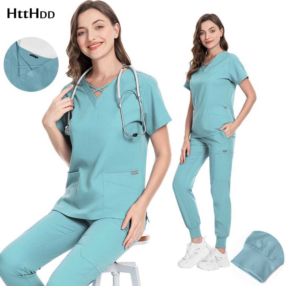 Pet Grooming Scrub Set Spa Uniforms Unisex V-NeCK Work CloTHes Medical Suit Summer Surgical Scrubs Top Jogger Pants W251104