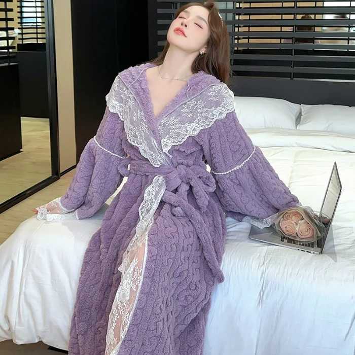 Winter Jacquard Flannel Robe Womens Long Bathrobe Hairy Hooded Thickened Warm Sleepwear Sweet Sexy Lace Home Dressing Gown C251104