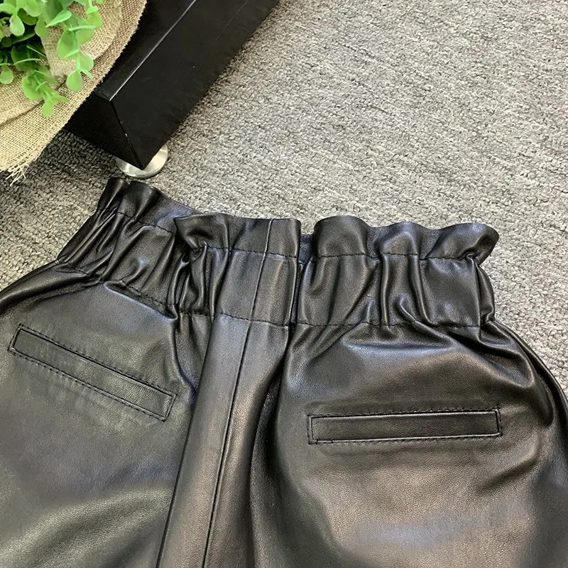 Womens elastic waist wide leg shorts casual metal button leather soft sheepskin 250401