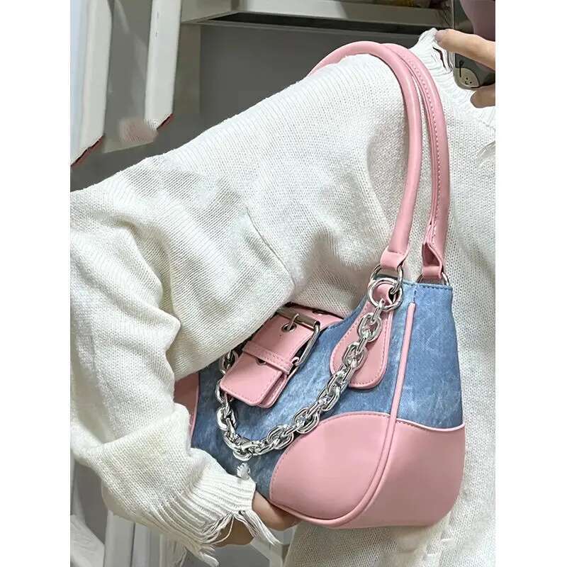 Y2k Pink Shoulder Bag For Women Designer Gothic Crossbody Handbag Chain Motor Style Cool Girl Denim Large Capacity New