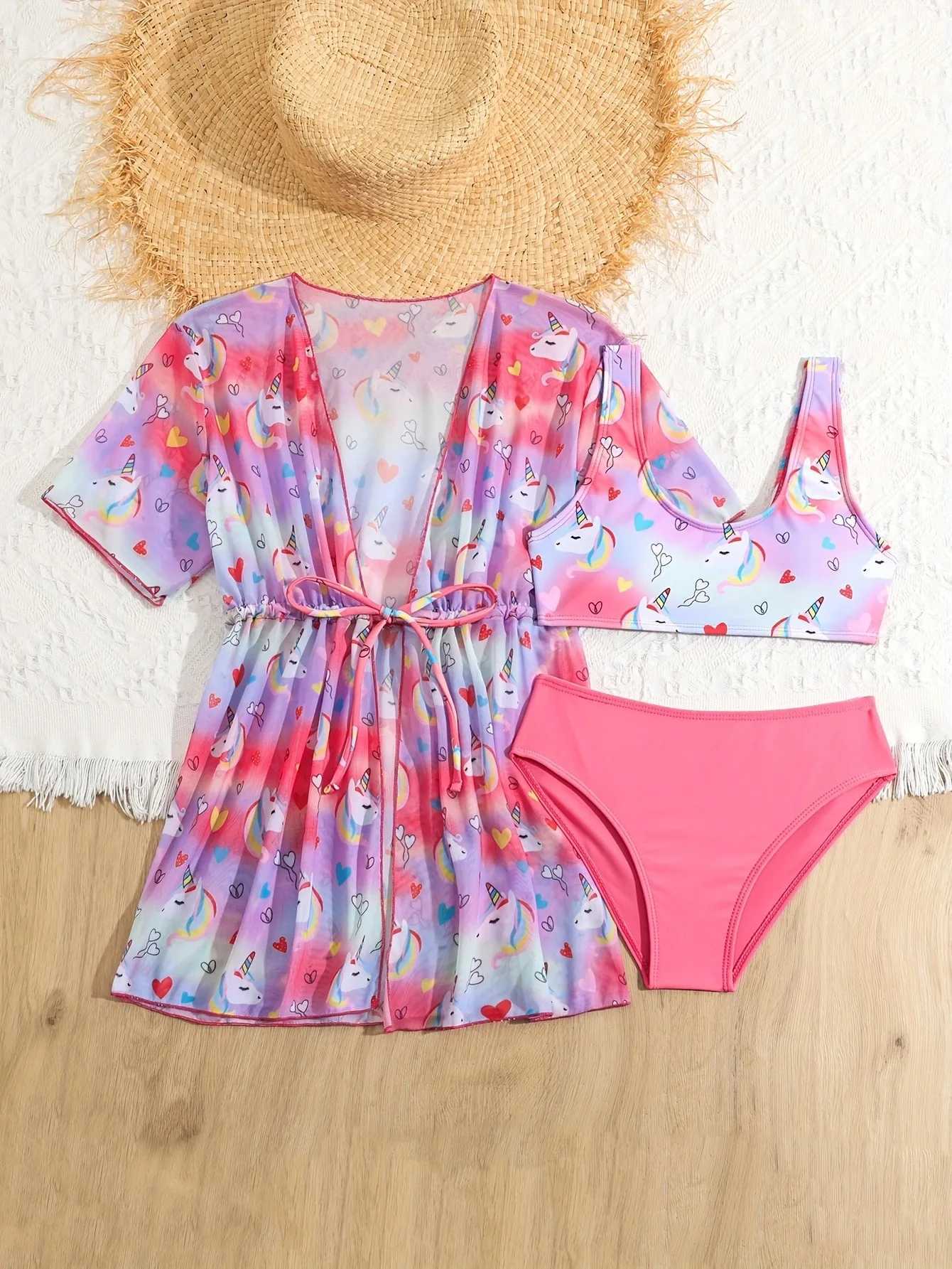 3 printed bikinis 2025 kimono childrens womens bathroom swimsuit beachwear J250403