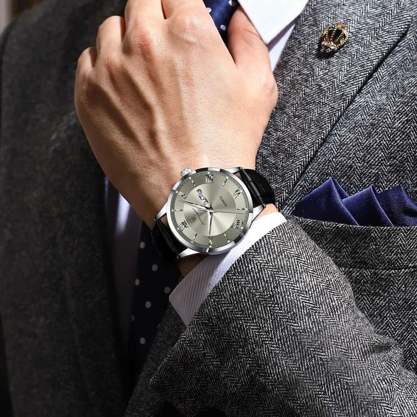 POEDAGAR Luxury Business Wristwatch For Men Date Week Leather Quartz Male Watch Waterproof Luminous Fashion Mens Watches RelojT251104