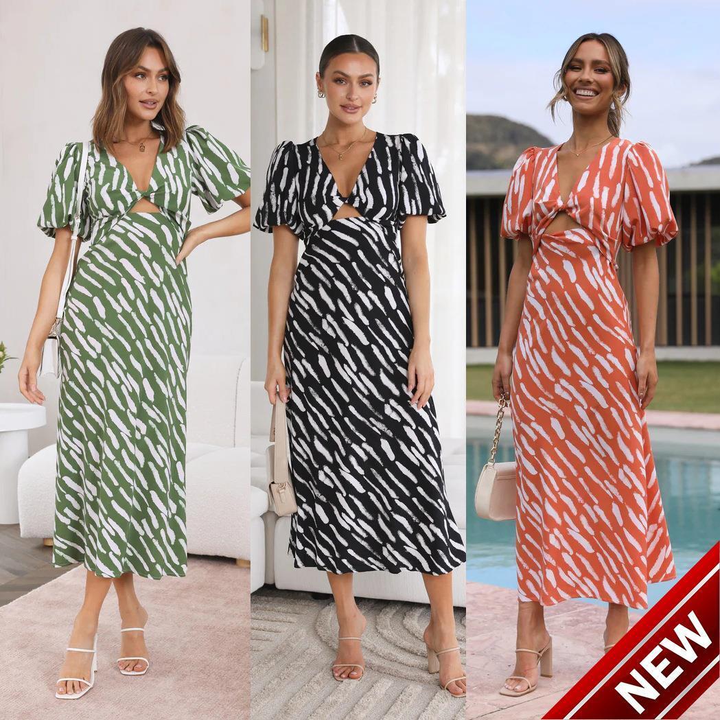 2025 new fresh and sweet style cross V-neck printed A-line skirt medium long lantern sleeve dress