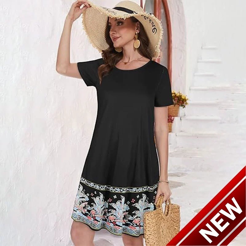Womens 2025 new casual loose vacation style round neck short sleeved printed dress