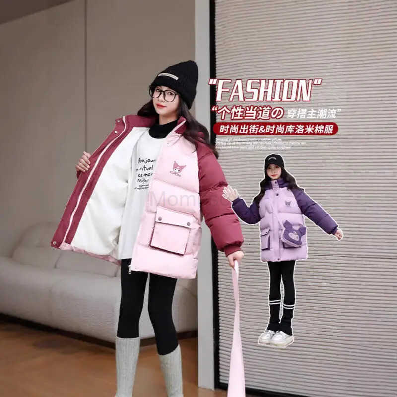 Sanrio Girl Child Cotton Clothes Kuromi Hooded Velvet Thicken Kawaii Anime Figure Childrens Clothing Autumn Winter New Jacket for Kids H251104