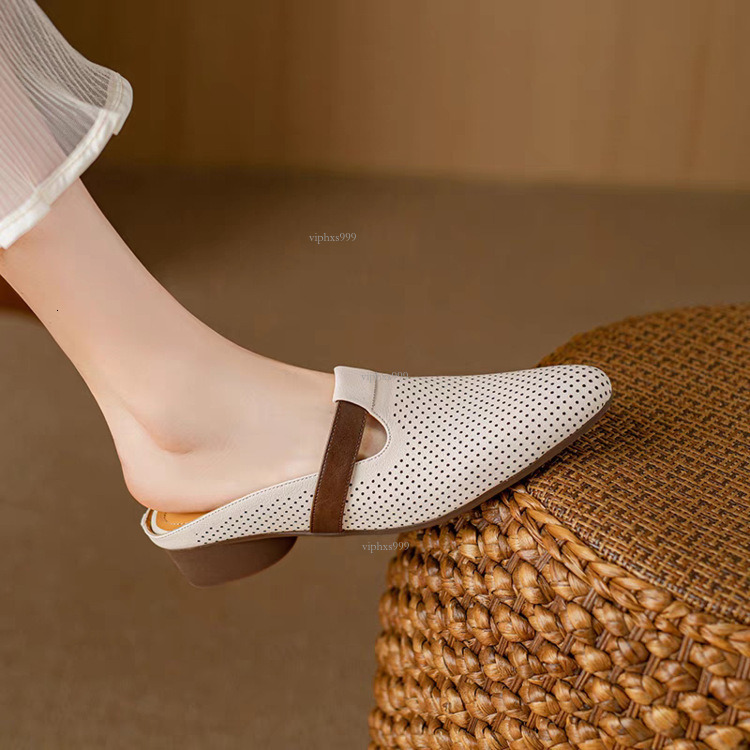 New Designer Sandals With Free Shipping French Breathable Hollow Half Women Summer Soft Leather Round Toe Cool Slippers For Lazy People, Low Heeled M 