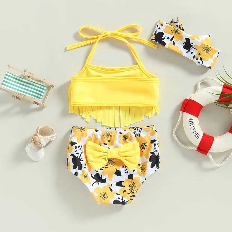 0-3Y Summer Baby Girls 3-Piece Strap Bikini Set Strawberry Printed Tassel Swimsuit Childrens Beach Wear J250403