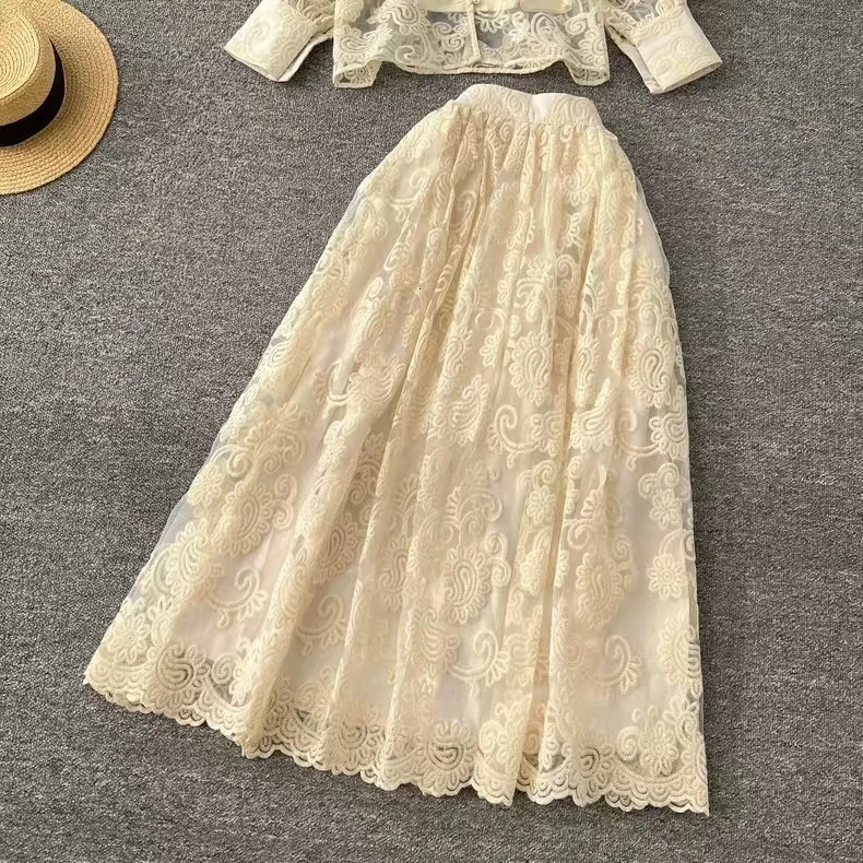 Elegant 2 Piece Long Dress Women Skirt Set Summer Autumn Flower Embroidery Hollow Out Lace Shirt A Line Midi Skirt Party Dresses 250403