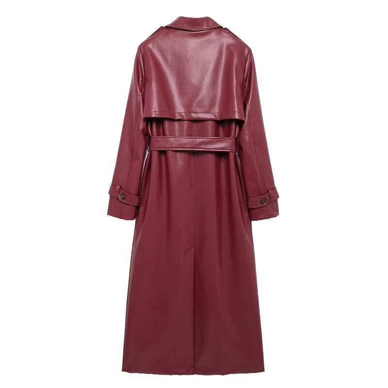 Spliced Lapel Women's Windbreaker Long Slim PU Leather Jacket With Belt Single Breasted Trenchcoat Spring Autumn Fashion Jackets