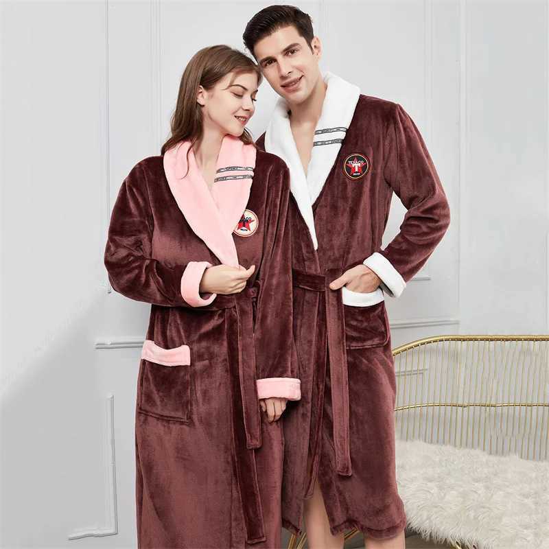 Thickened Long Flannel Robe Large Size Lover Sleepwear Winter Coral Fleece Nightwear Kimono Bathrobe Loose Home Wear Lounge Wear C251104