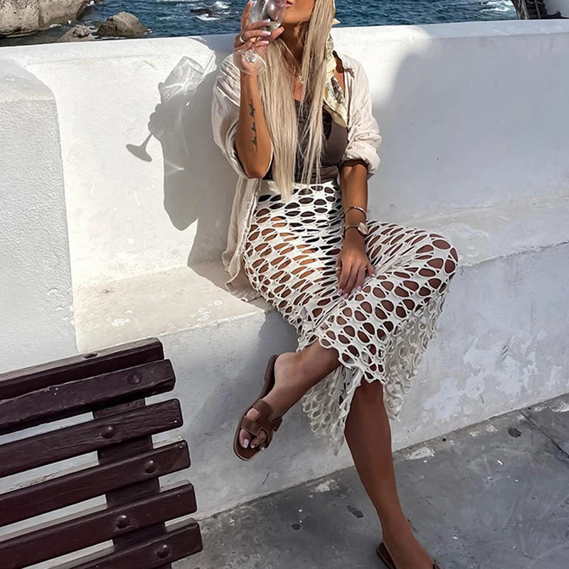 Hollow Out Sexy See Through Beach Cover Up Skirts Knitted All White Body Long Skirts Womens Summer Solid Bikini Towel 250327