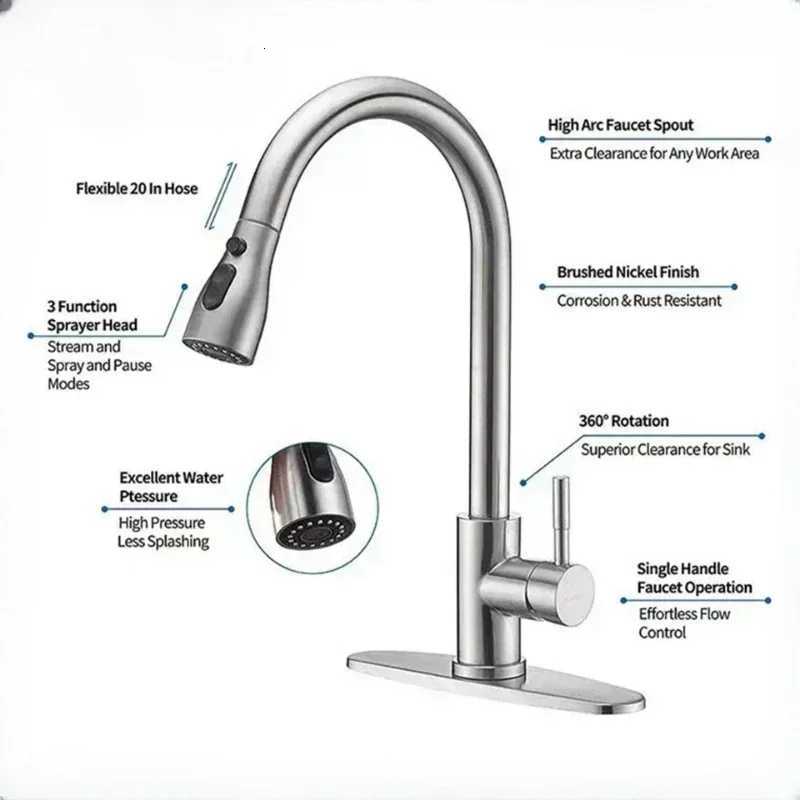 304 Stainless Steel Kitchen Faucet with Hot and Cold Water Mixer Retractable Pl-Out Design for Washing Basin and Sink Y251104