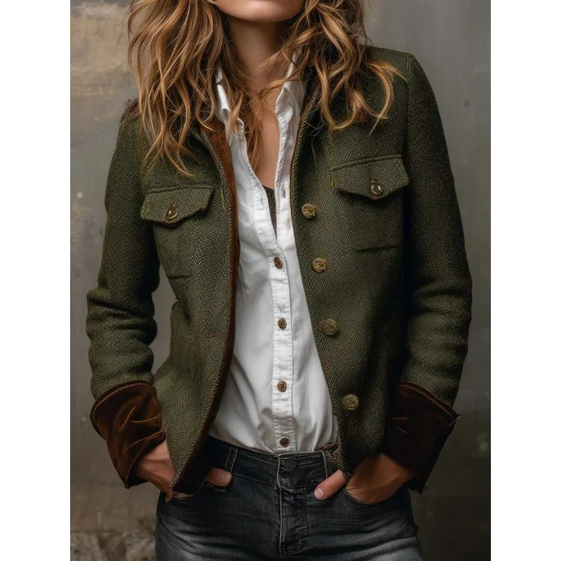 Autumn and winter womens retro herringbone tweed blazer with velvet trim 2025 woolen topEuropean American casual jacket 251104