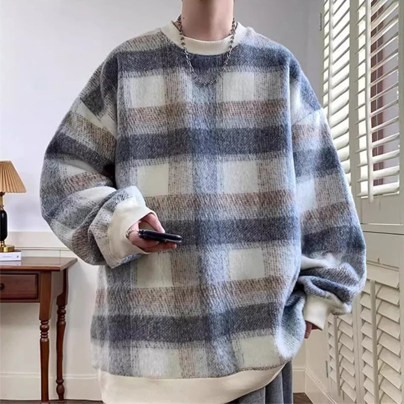 Autumn Plaid wool round neck sweatshirt for men Y2K retro gradient striped pullover hoodie High Street loose knit clothing 250321