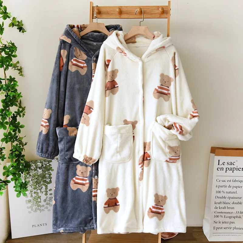 Couple Coral Fleece Hooded Nightgown Flannel Warm Cartoon Sleepwear Robe Loose Casual Home Dress Winter Thickened Loung Wear C251104