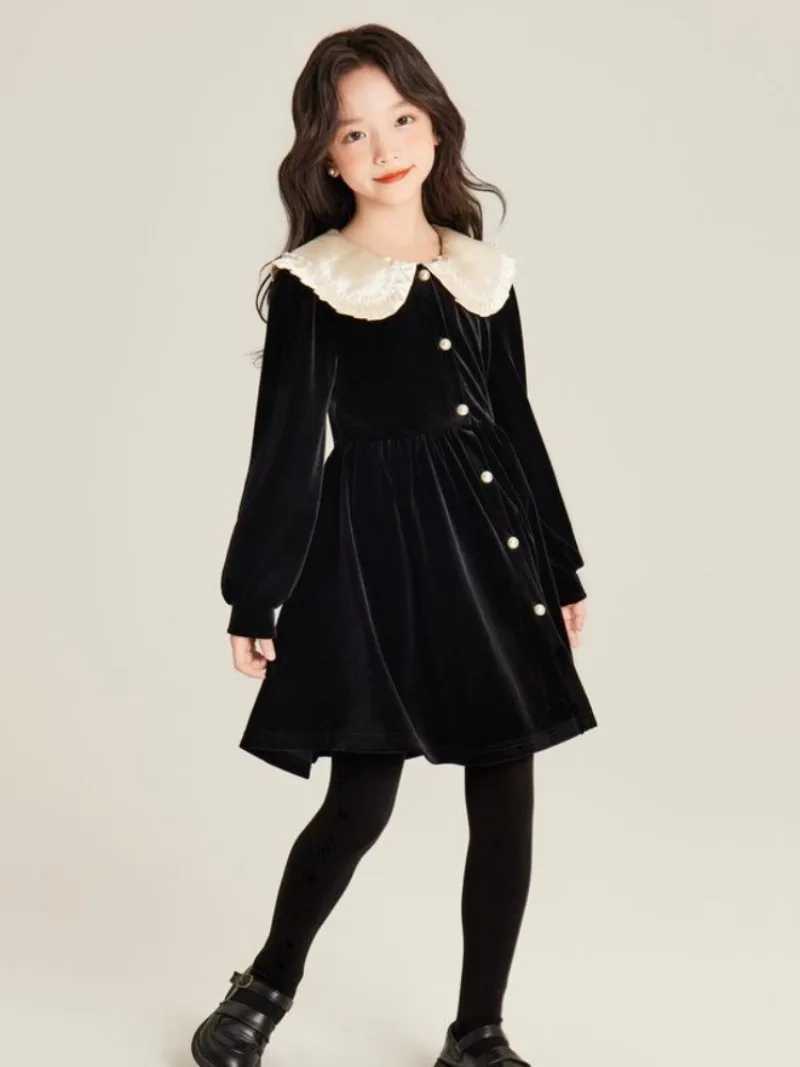Girls Autumn/Winter High-end Fleece-lined Velvet Elegant Black Princess Gown Dress - 4-12 Years Old C251104