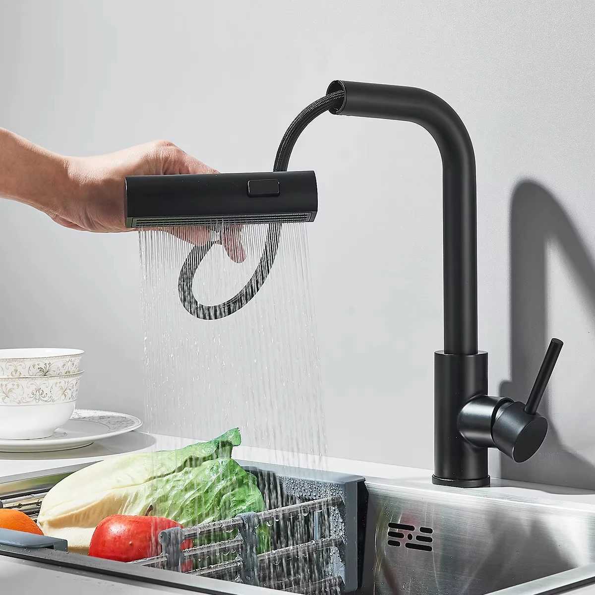 Gunmetal grey pl-out kitchen sink faucet water flow spout stainless steel hot and cold water mixer deck mounted faucet Y251104